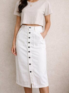 Wrangler White Denim Button Front Midi Skirt Women's 2 Straight Fit Western, NWT